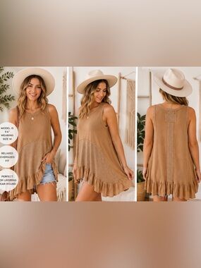 582 POL Boho Thermal Waffle Knit Tunic Tank Dress Camel Beige Ruffle Hem Medium